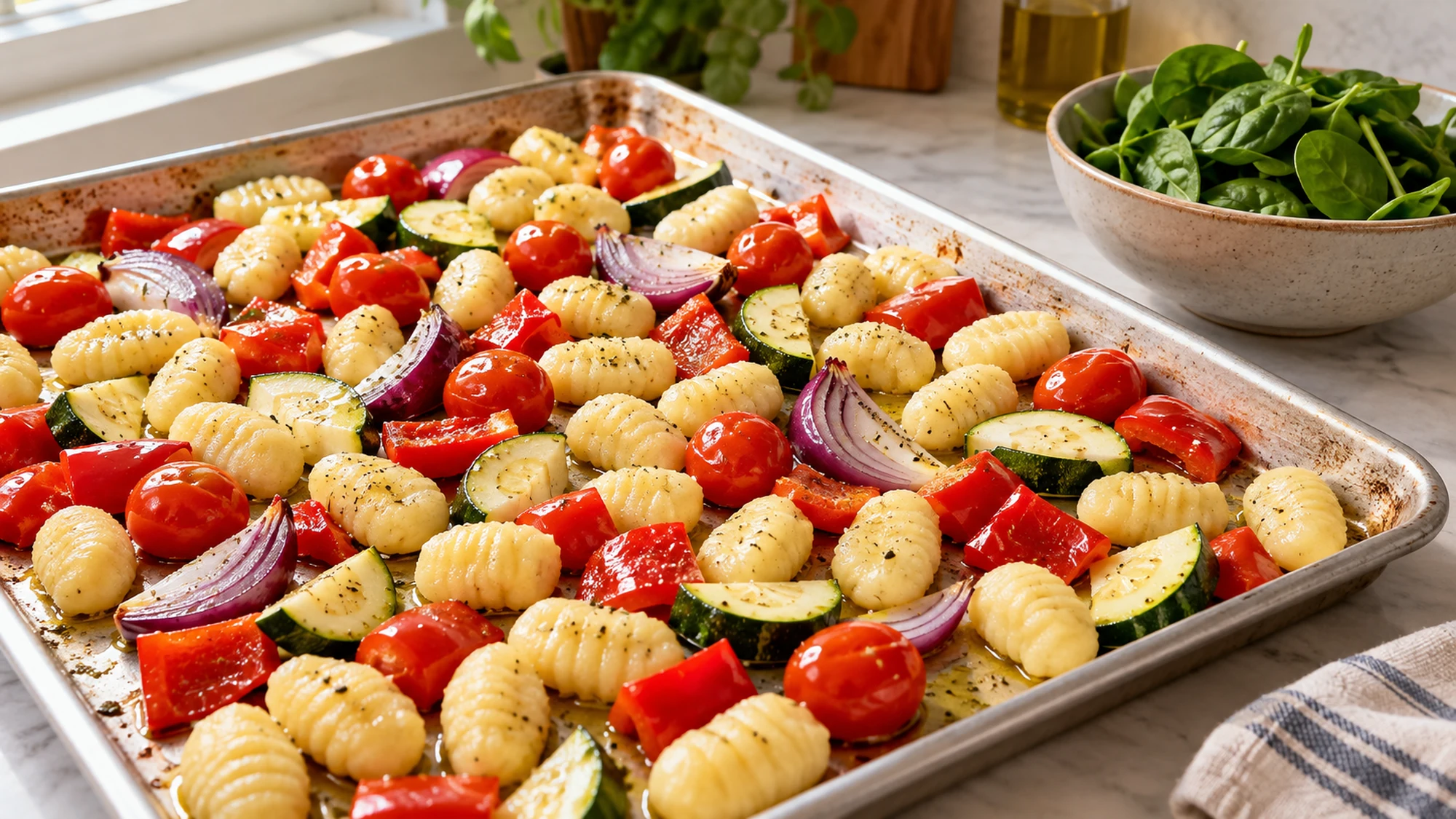 Unroasted sheet-pan gnocchi with chopped vegetables and a bowl of spinach