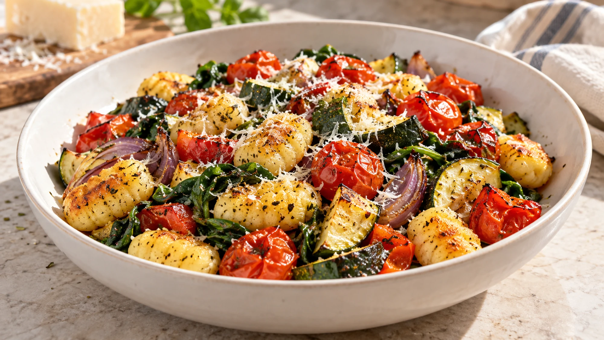 Sheet-pan gnocchi with roasted vegetables served in a white bowl
