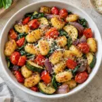 A bowl of golden sheet-pan gnocchi with tomatoes and zucchini