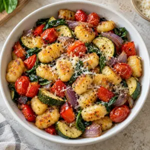 A bowl of golden sheet-pan gnocchi with tomatoes and zucchini
