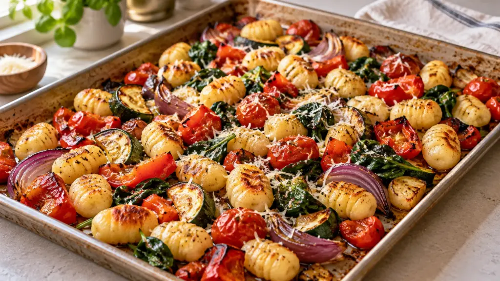 Roasted sheet-pan gnocchi with tomatoes, zucchini, spinach and Parmesan