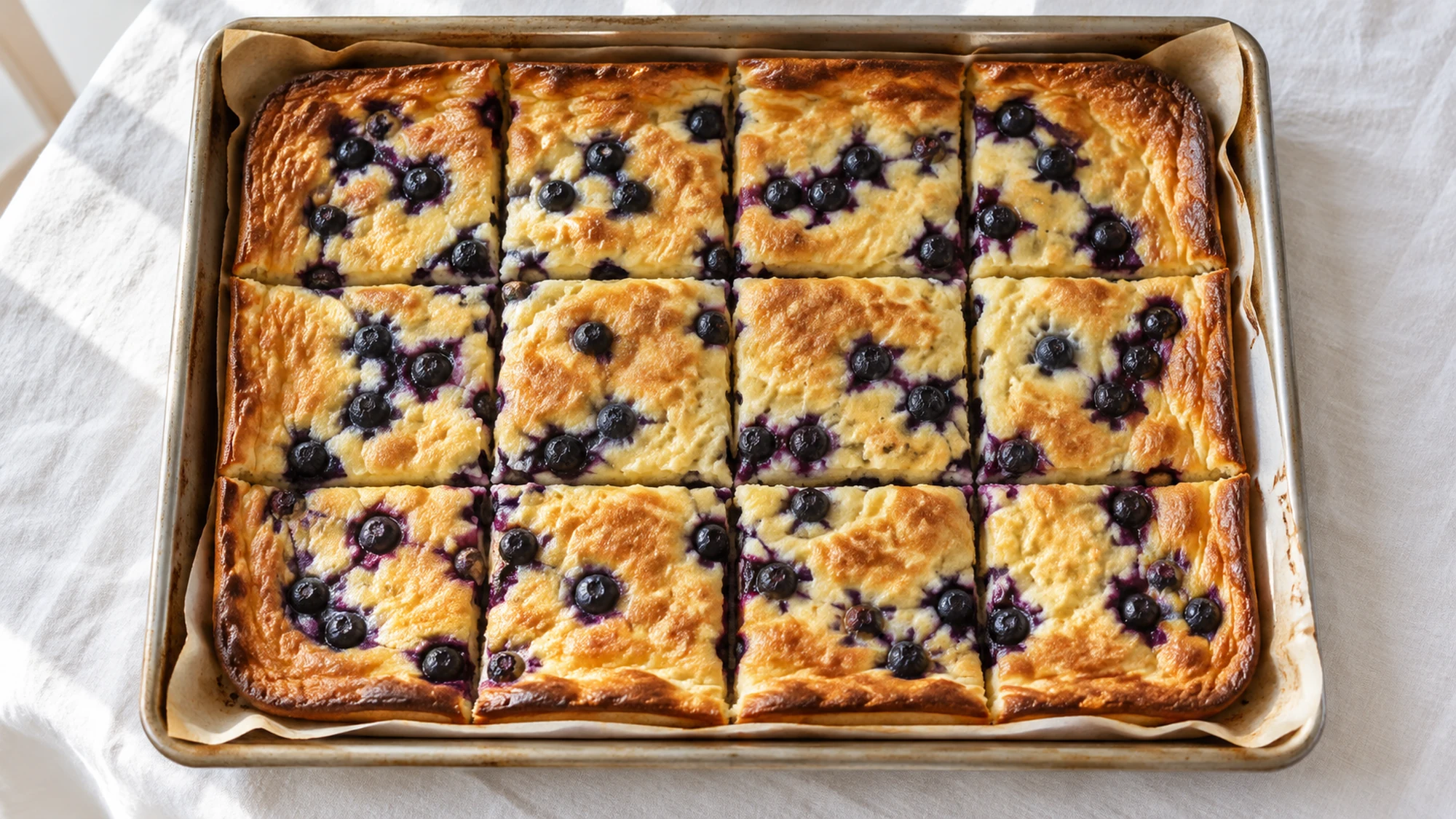 Overhead view of blueberry sheet-pan pancakes cut in a baking tray