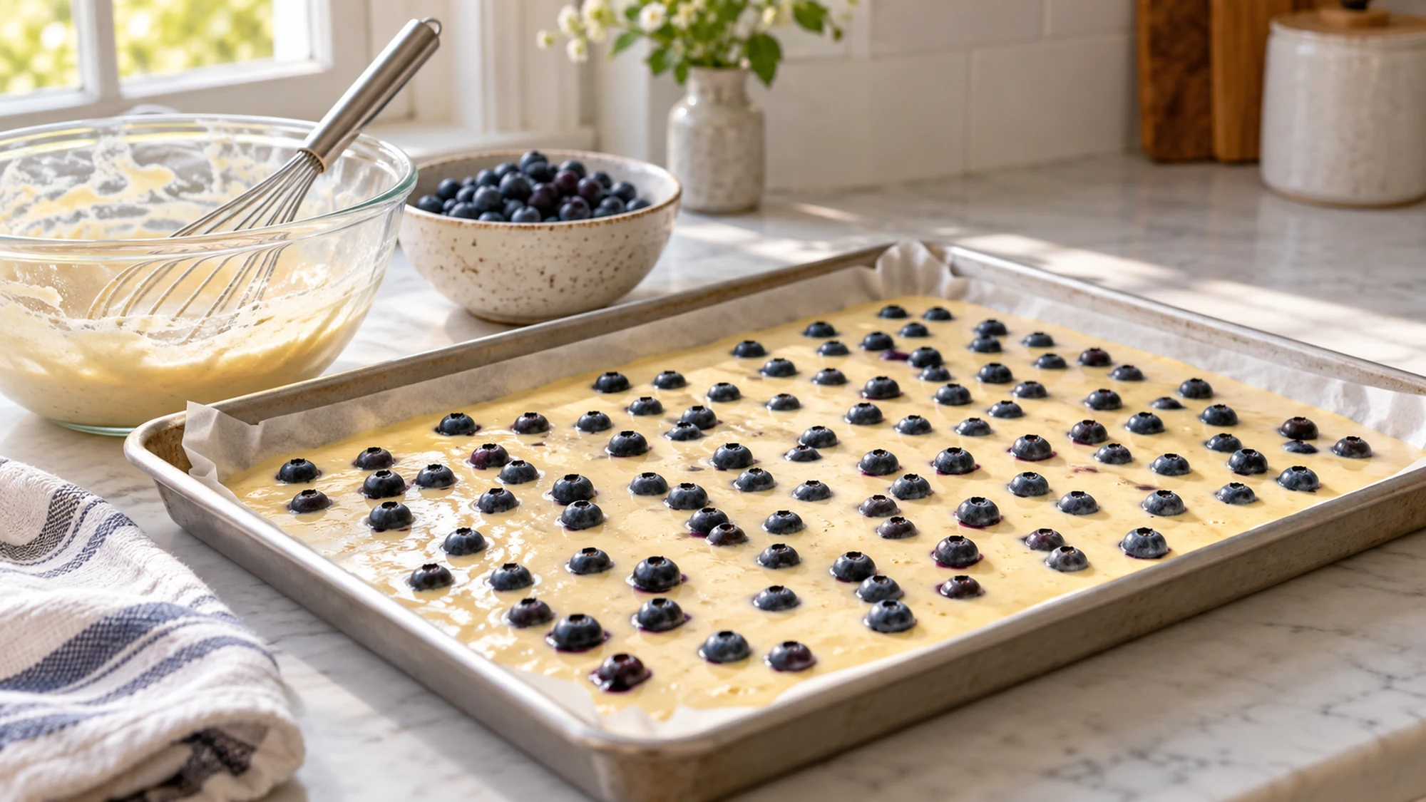 Pancake batter and blueberries spread in a sheet pan before baking