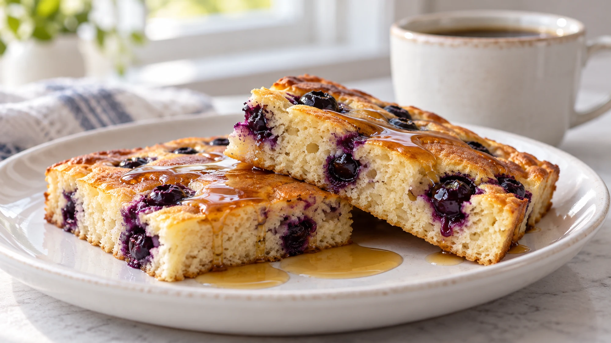 Two blueberry sheet-pan pancakes with maple syrup on a breakfast plate