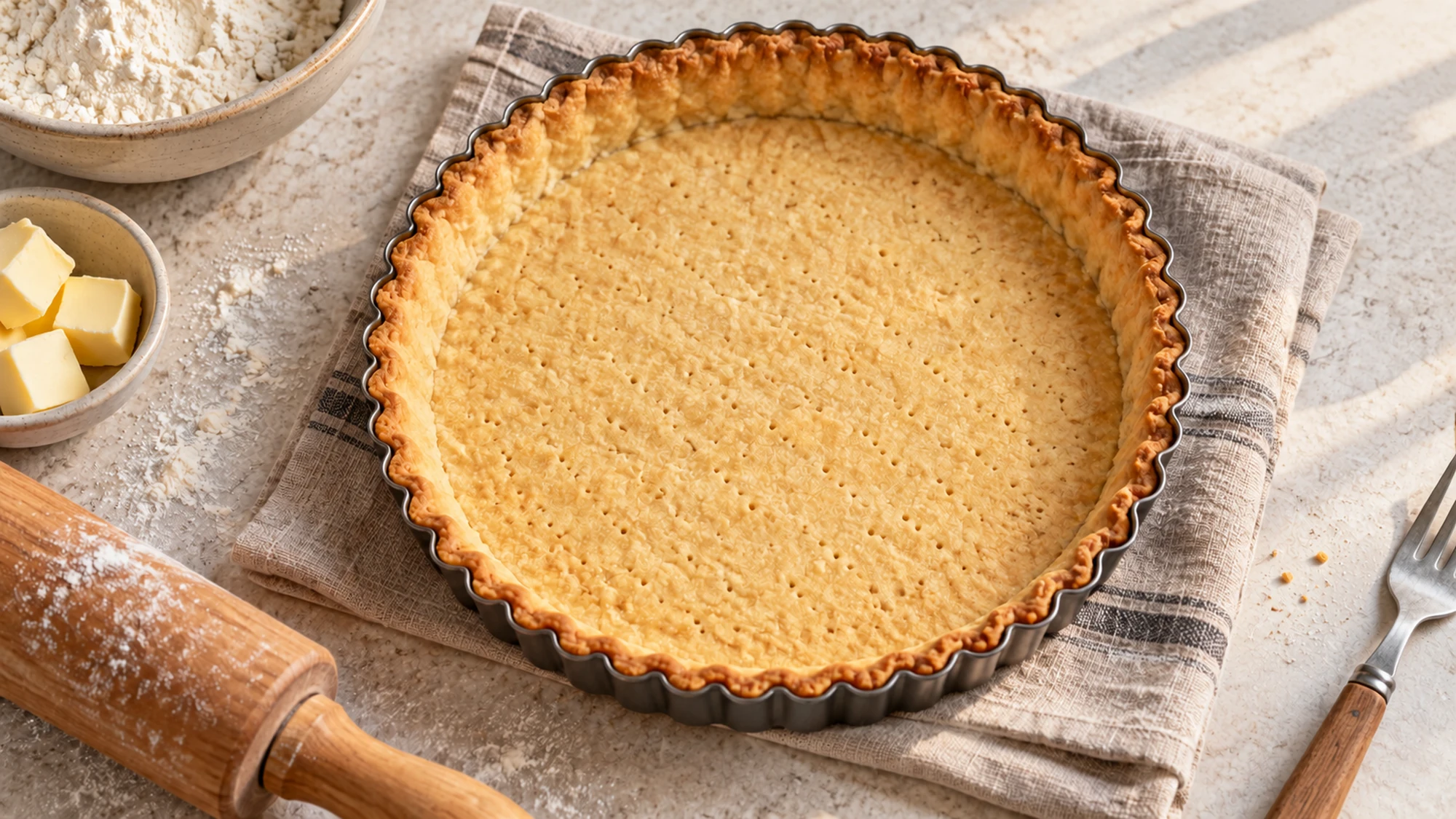 Overhead golden tart shell for shortcrust pastry recipe