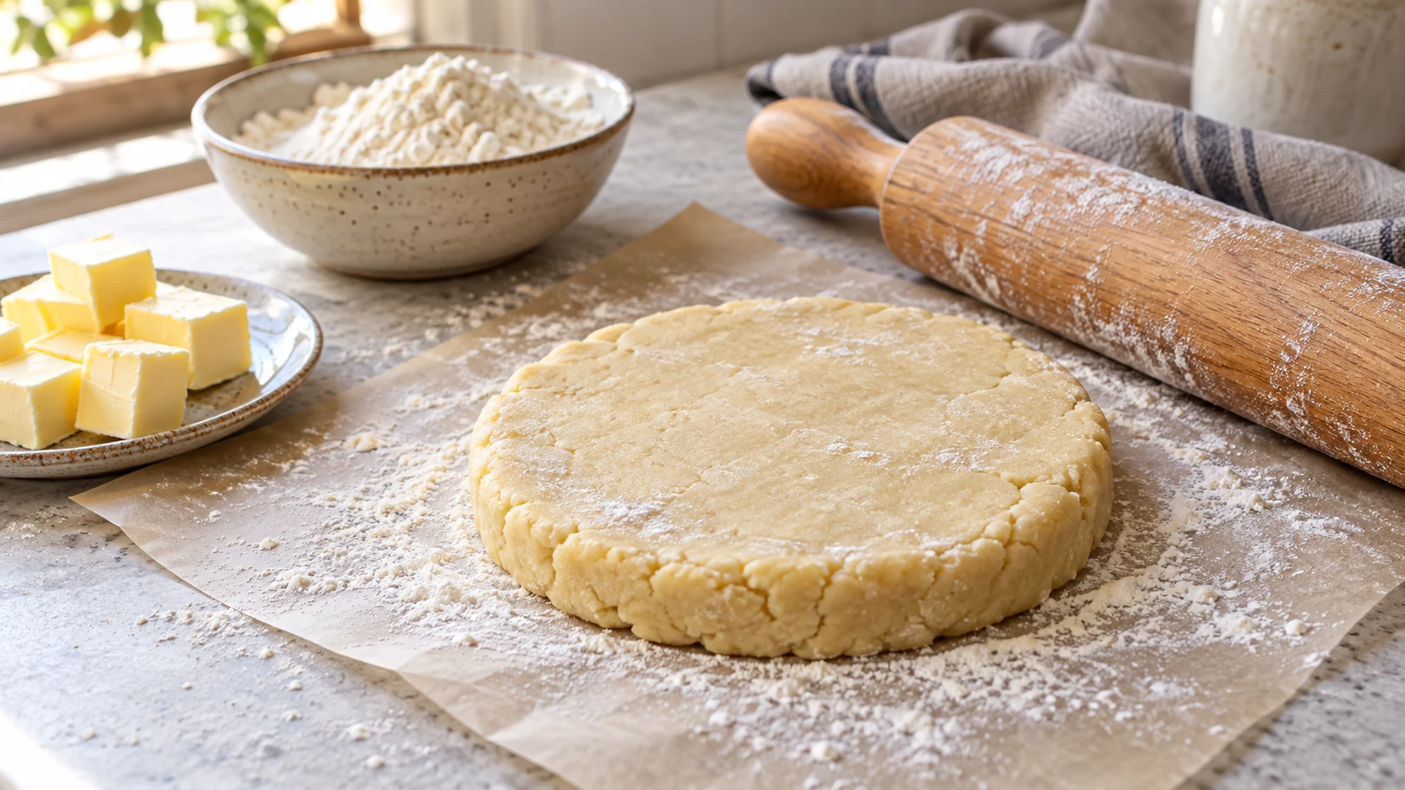 Cold dough disk, butter and flour for shortcrust pastry recipe