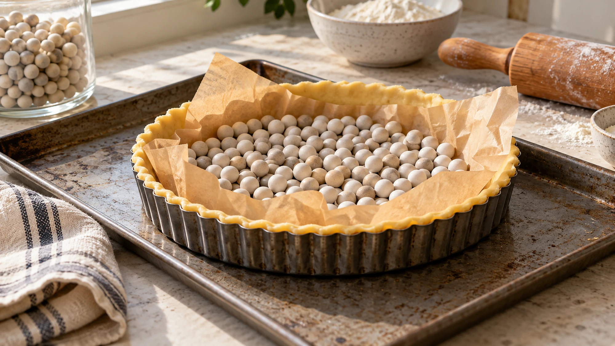 Shortcrust pastry recipe dough lined with parchment and pie weights