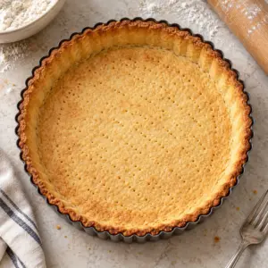 Fully baked shortcrust pastry recipe shell in a fluted tart tin