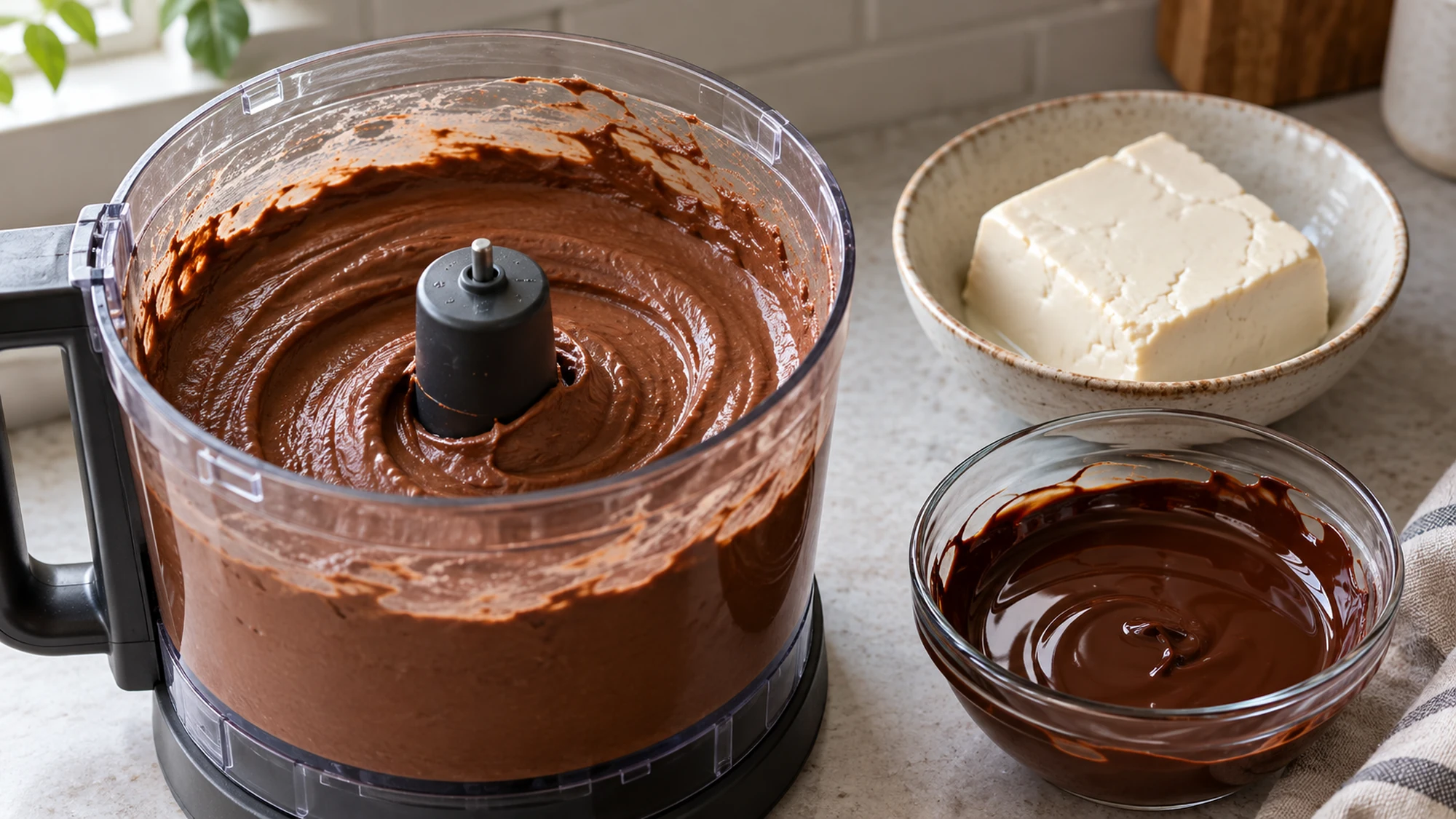 Blended silken tofu chocolate mousse beside tofu and melted chocolate