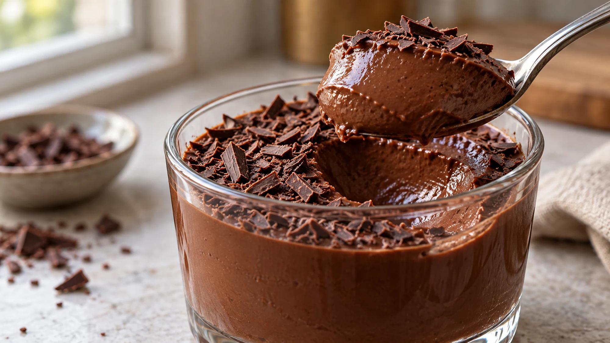 A spoonful of smooth silken tofu chocolate mousse from a glass