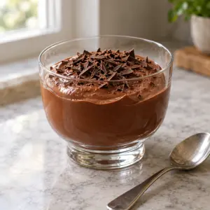 Silken tofu chocolate mousse in a dessert glass with chocolate shavings