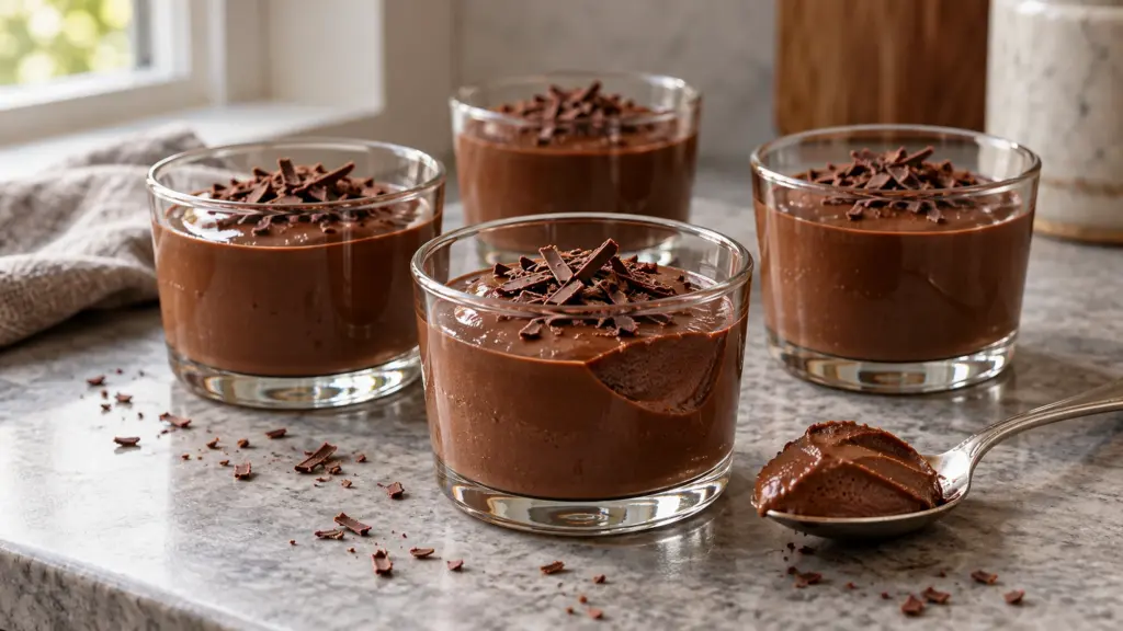 Four glasses of silken tofu chocolate mousse with chocolate shavings