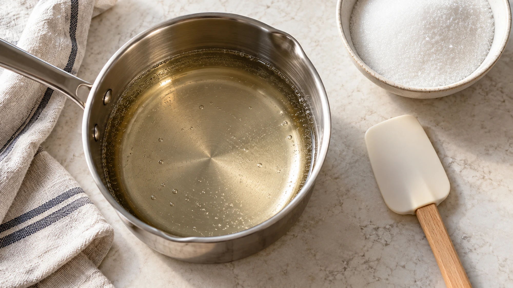 Clear simple syrup recipe in a saucepan after the sugar dissolves