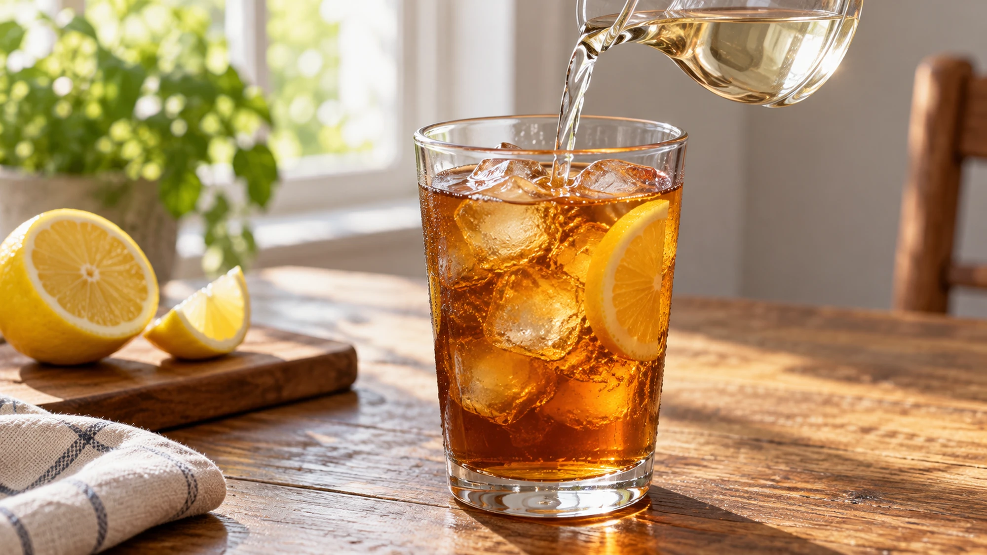 Simple syrup recipe poured into iced tea with lemon