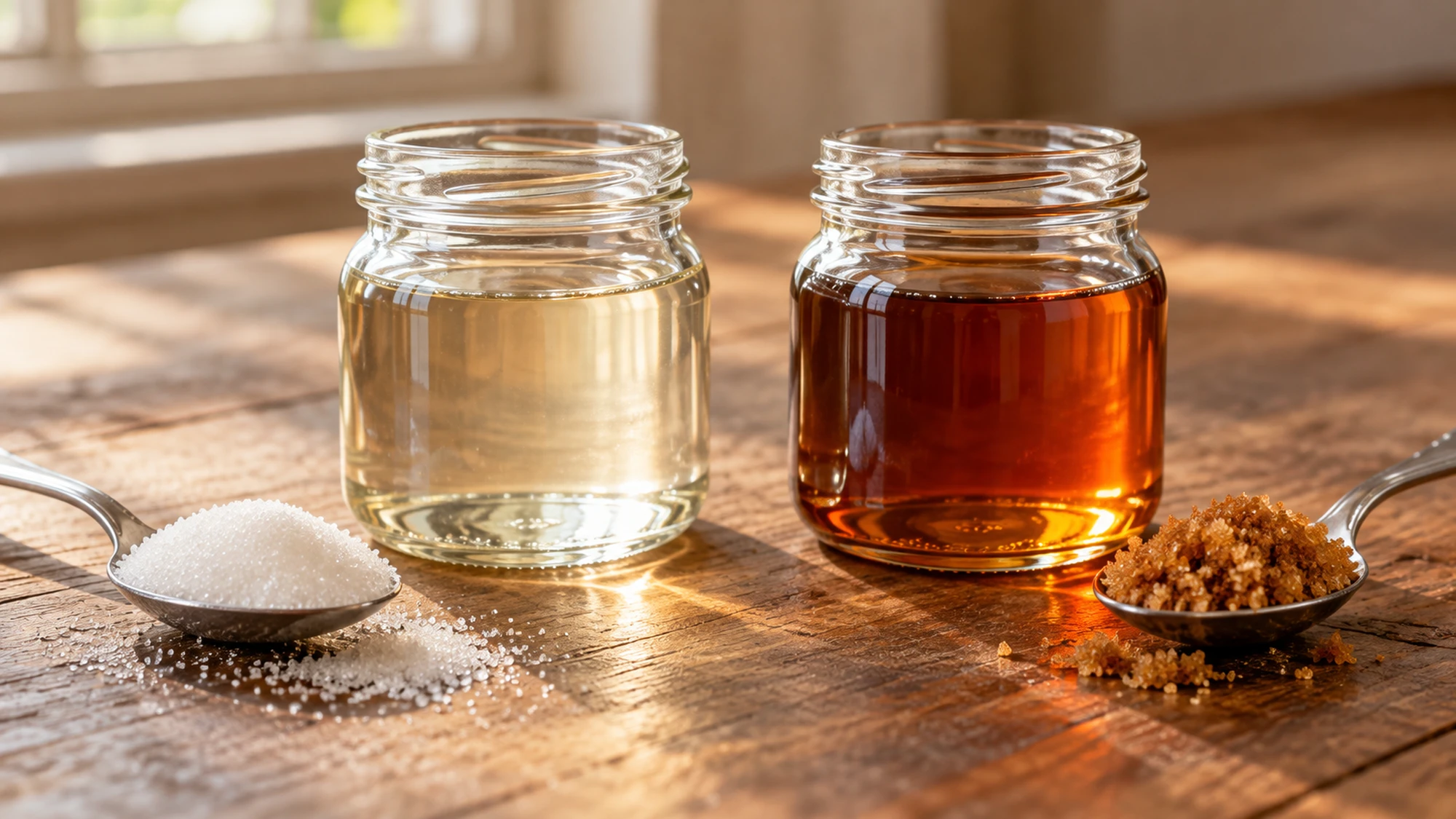 White and brown sugar syrup variations in separate glass jars