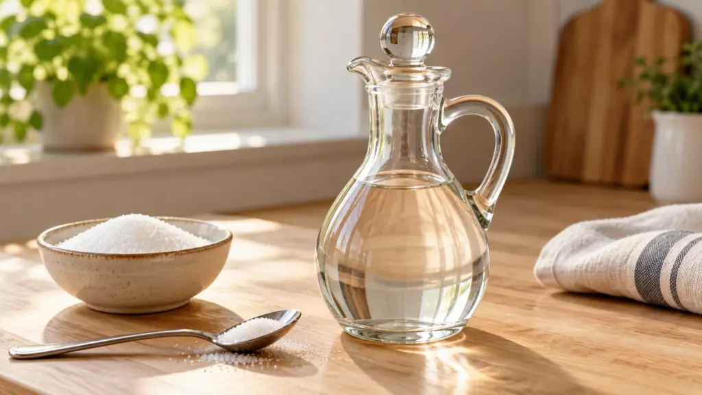 Simple syrup recipe in a clear glass cruet beside white sugar