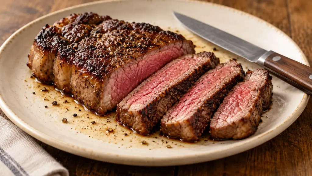 Browned sirloin steak with several slices on a cream plate.