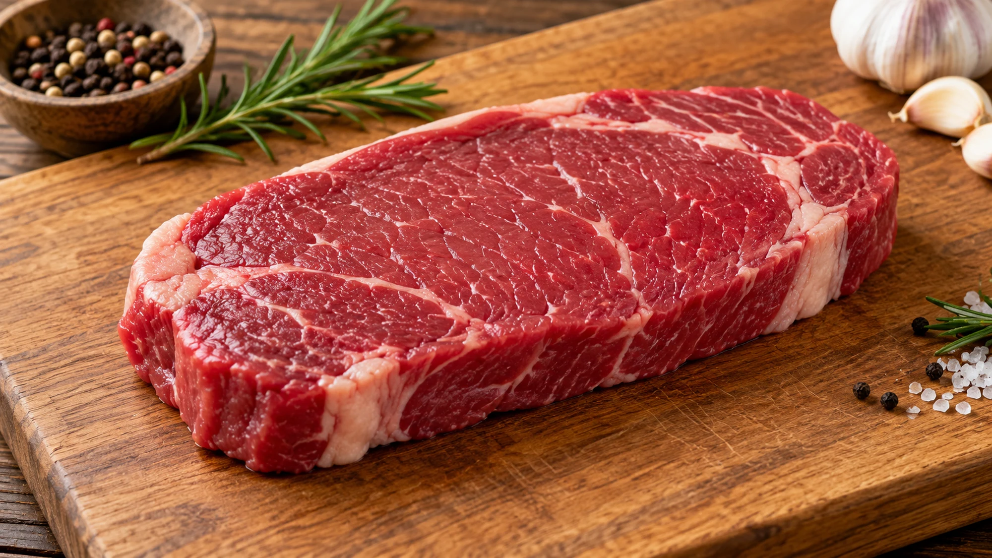 Raw boneless sirloin steak on a wooden board beside rosemary.