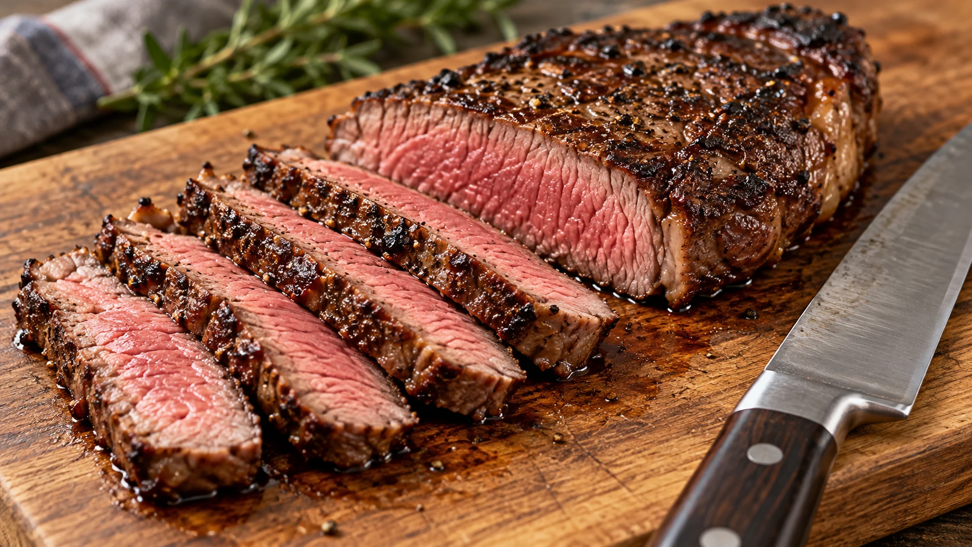 Cooked sirloin cut crosswise into slices on a wooden board.