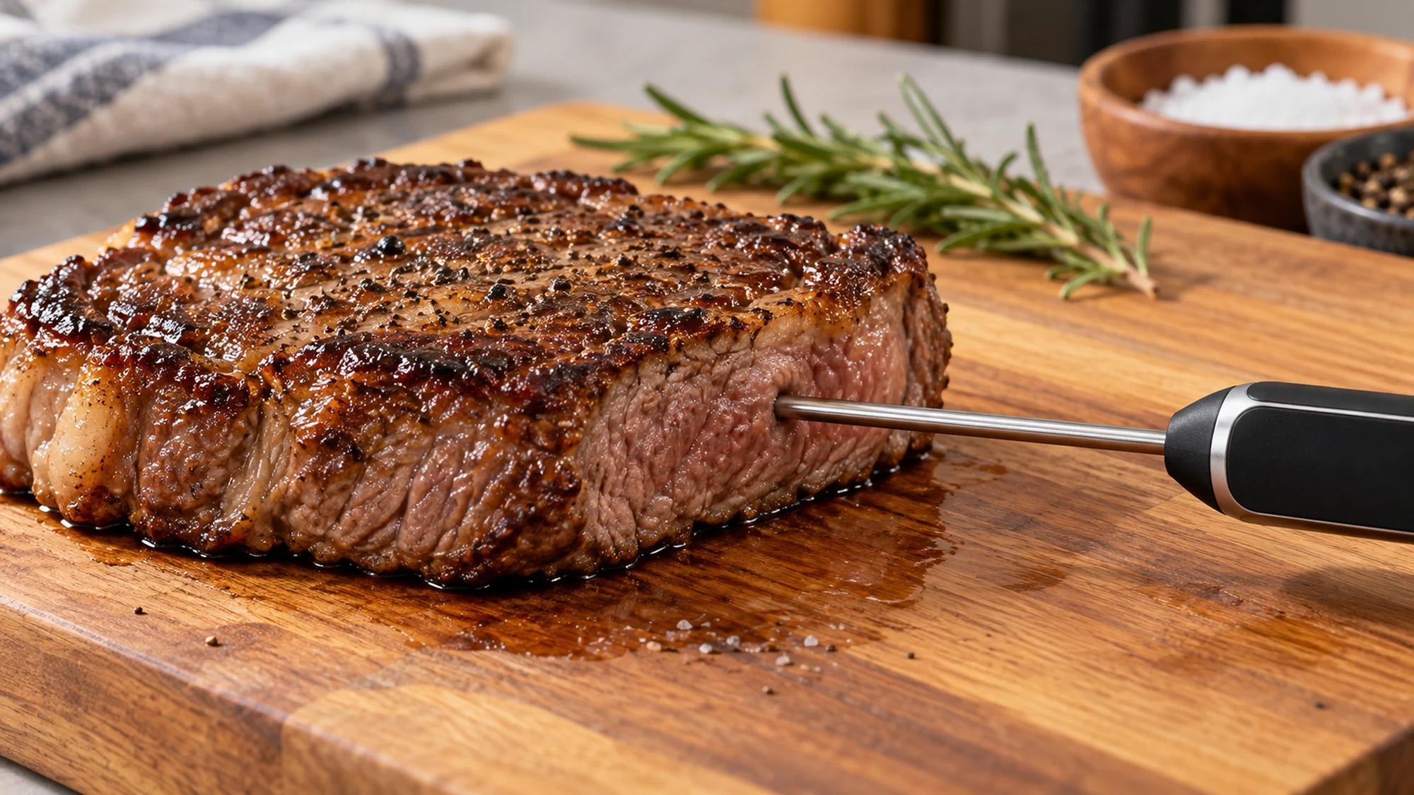 Food thermometer probe inserted from the side into the center of a cooked sirloin steak.