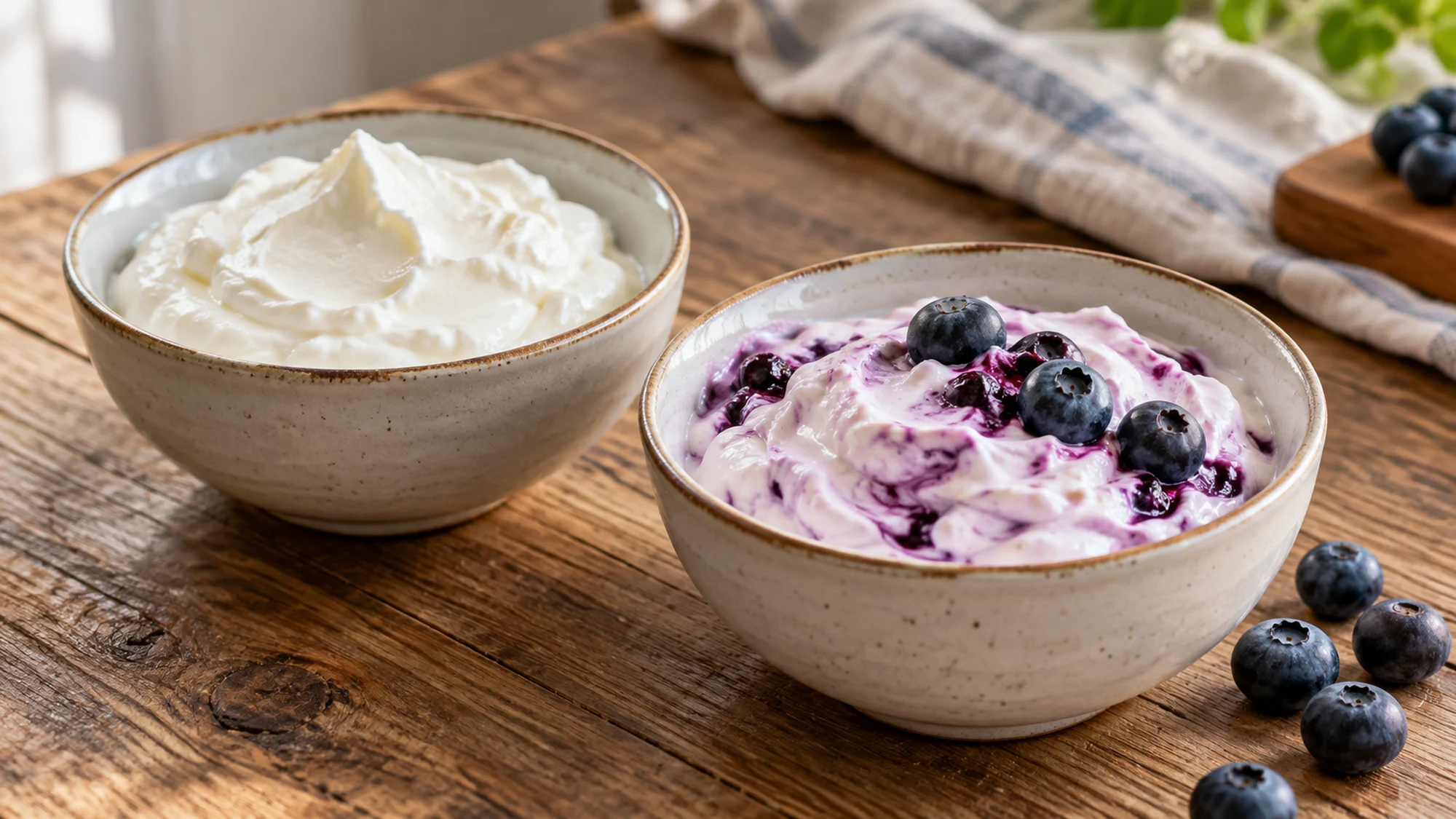 Plain skyr beside a bowl mixed with blueberries