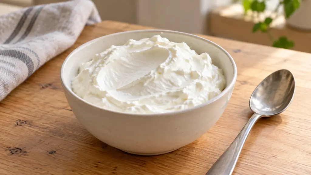 Plain skyr holding soft peaks in a ceramic bowl
