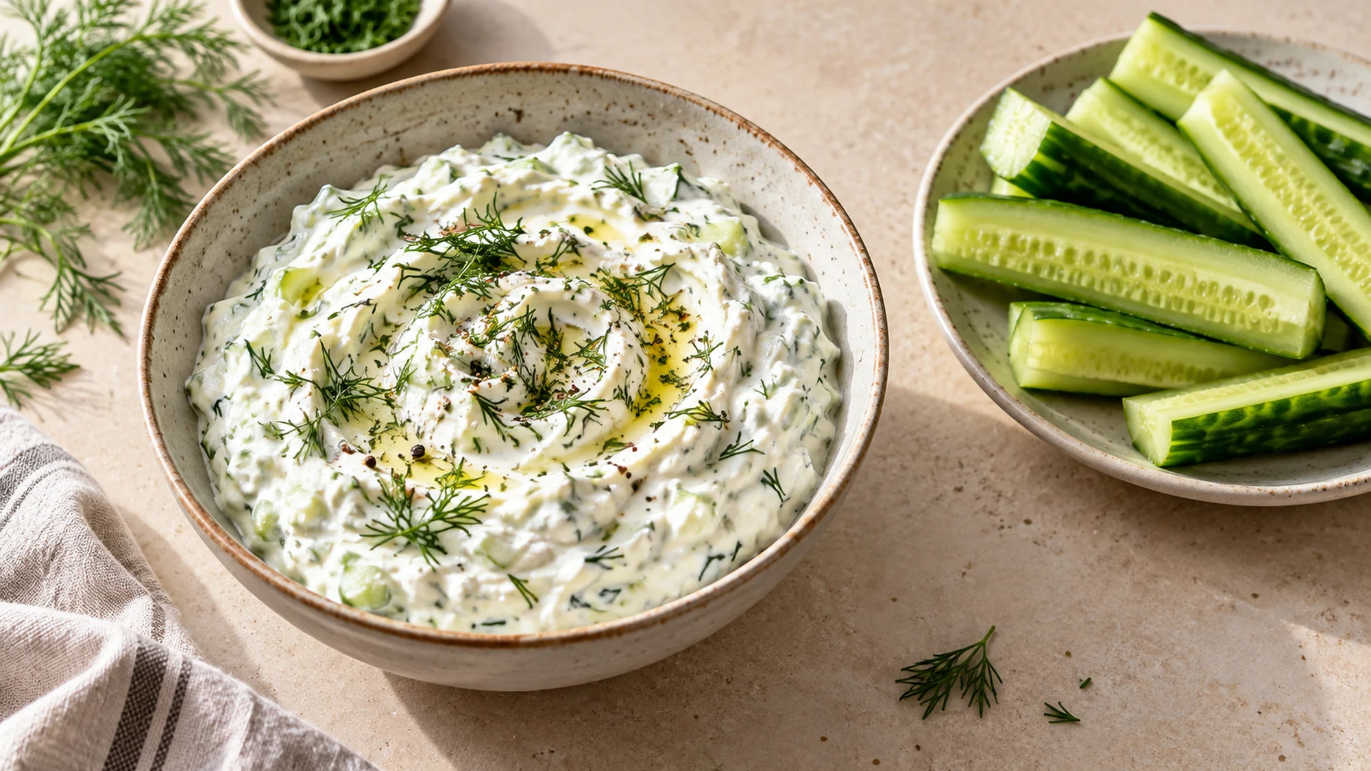 Savory skyr dip with dill, olive oil and cucumber sticks