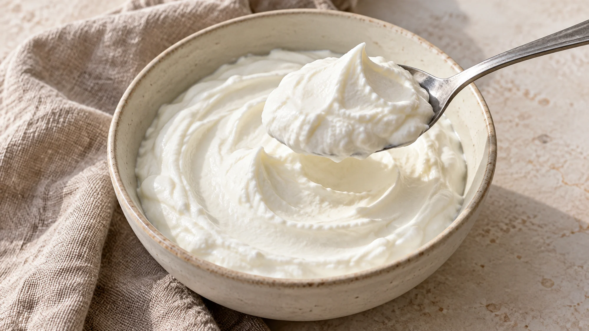 A spoonful of thick skyr lifted above a bowl