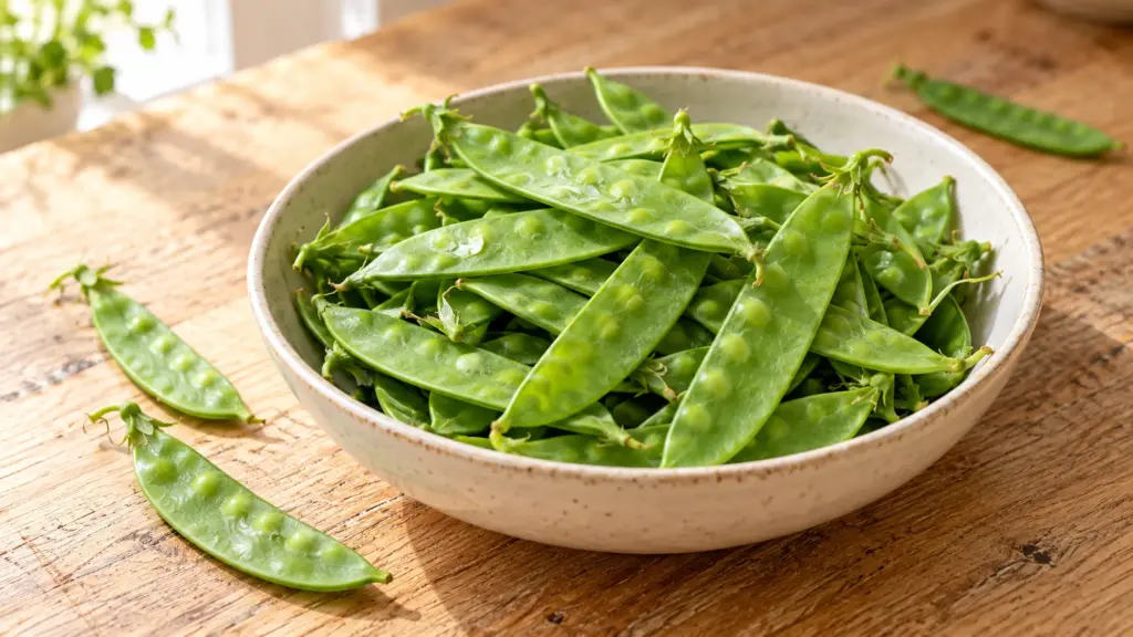 Fresh flat snow peas in a ceramic bowl