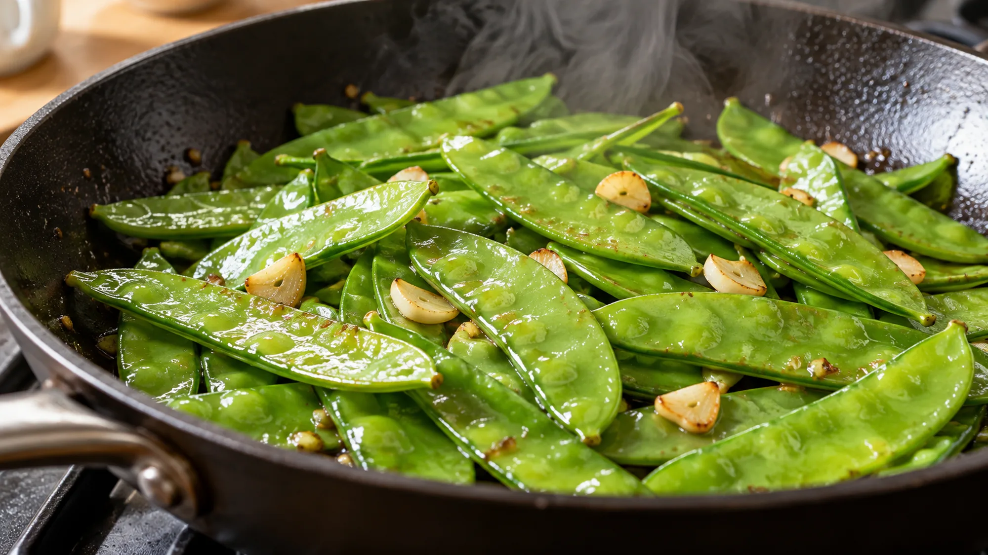 Snow peas lightly cooked with garlic slices in a skillet