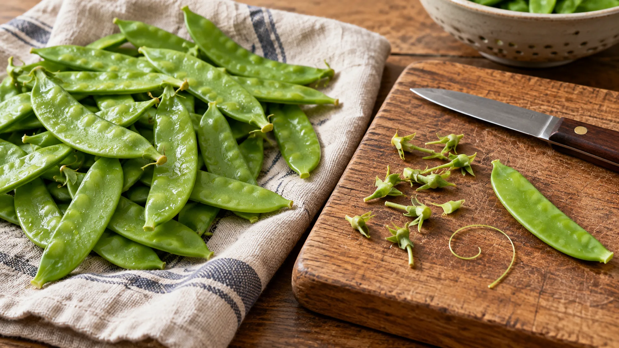 Snow peas on a board with trimmed stem tips and a removed string