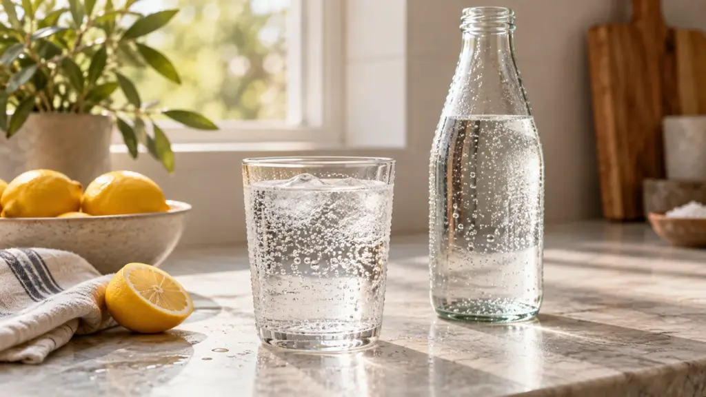 Soda water bubbling in a clear glass beside a bottle