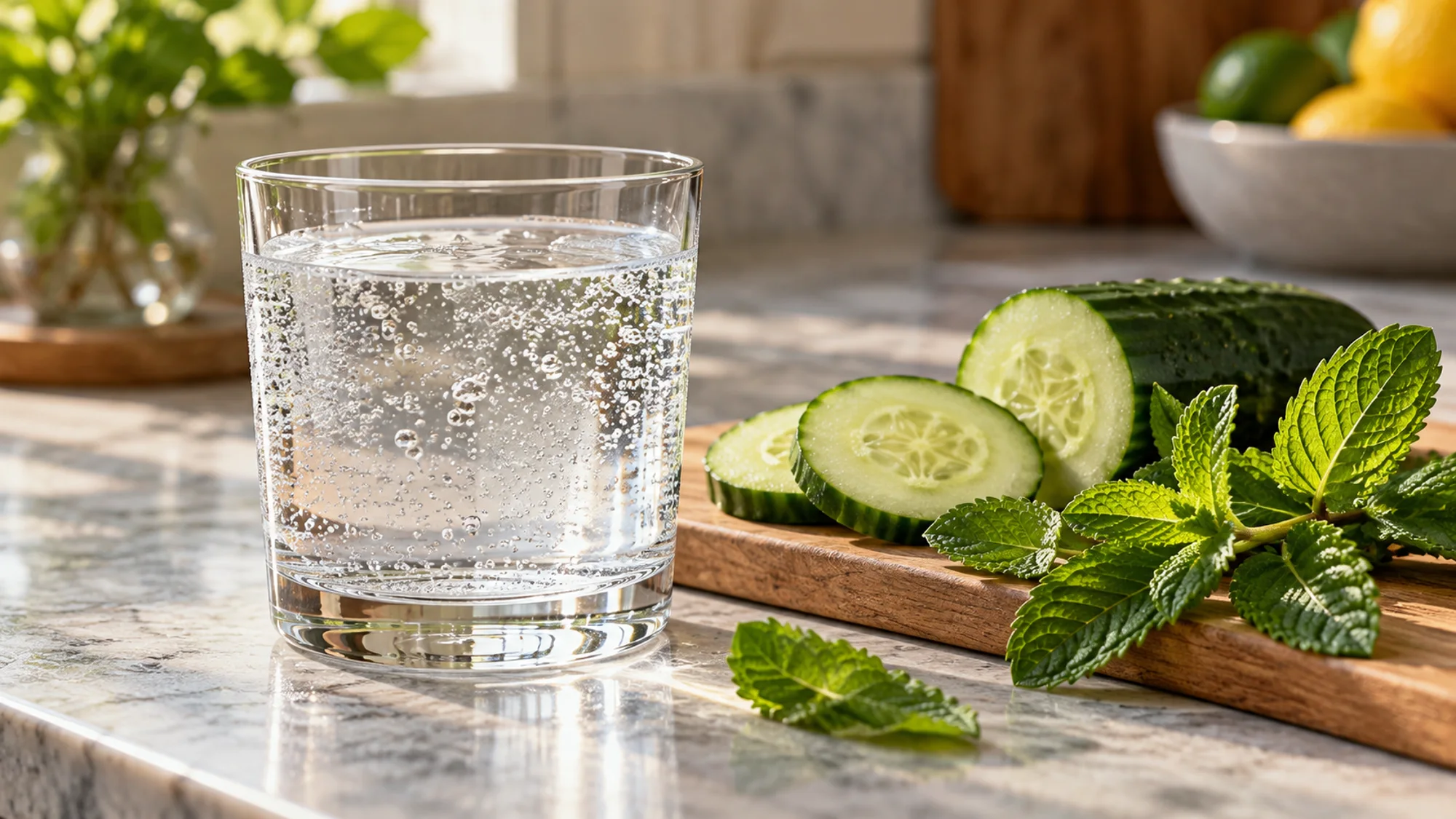 Soda water beside cucumber slices and mint