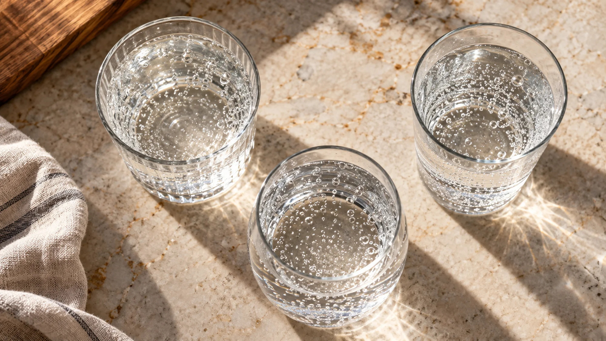 Three glasses of plain soda water on a kitchen counter