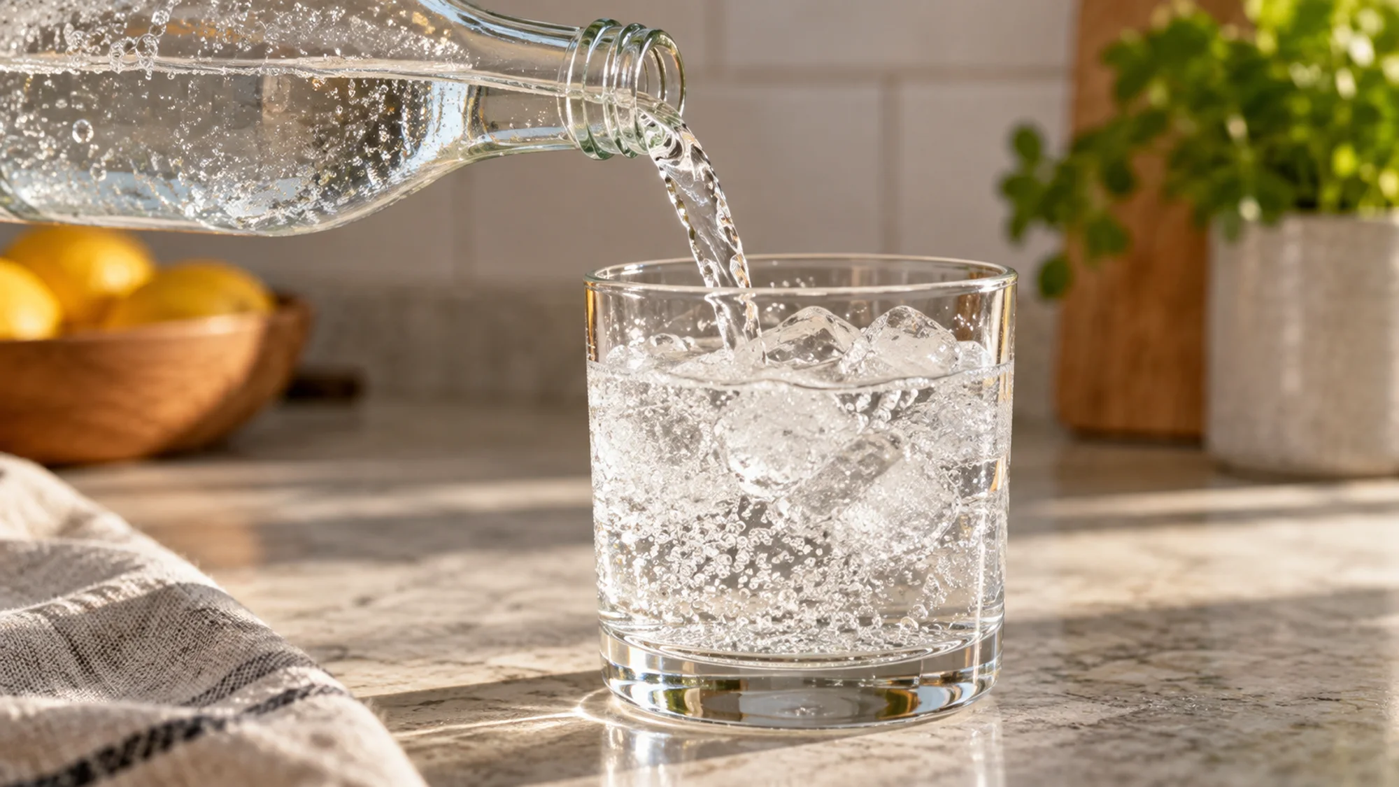 Soda water poured into a glass with rising bubbles