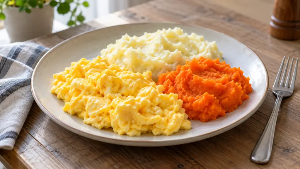 Scrambled eggs, mashed potatoes and mashed carrots in separate portions on a plate