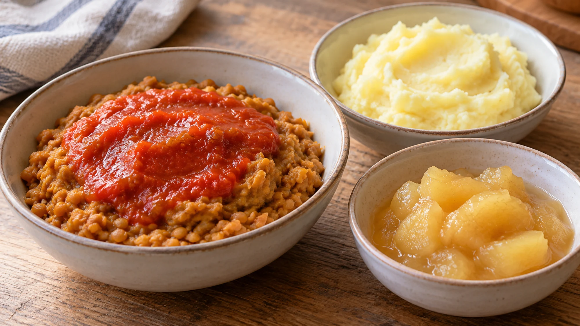 Mashed lentils with tomato sauce, mashed potato and stewed peeled apple in separate bowls