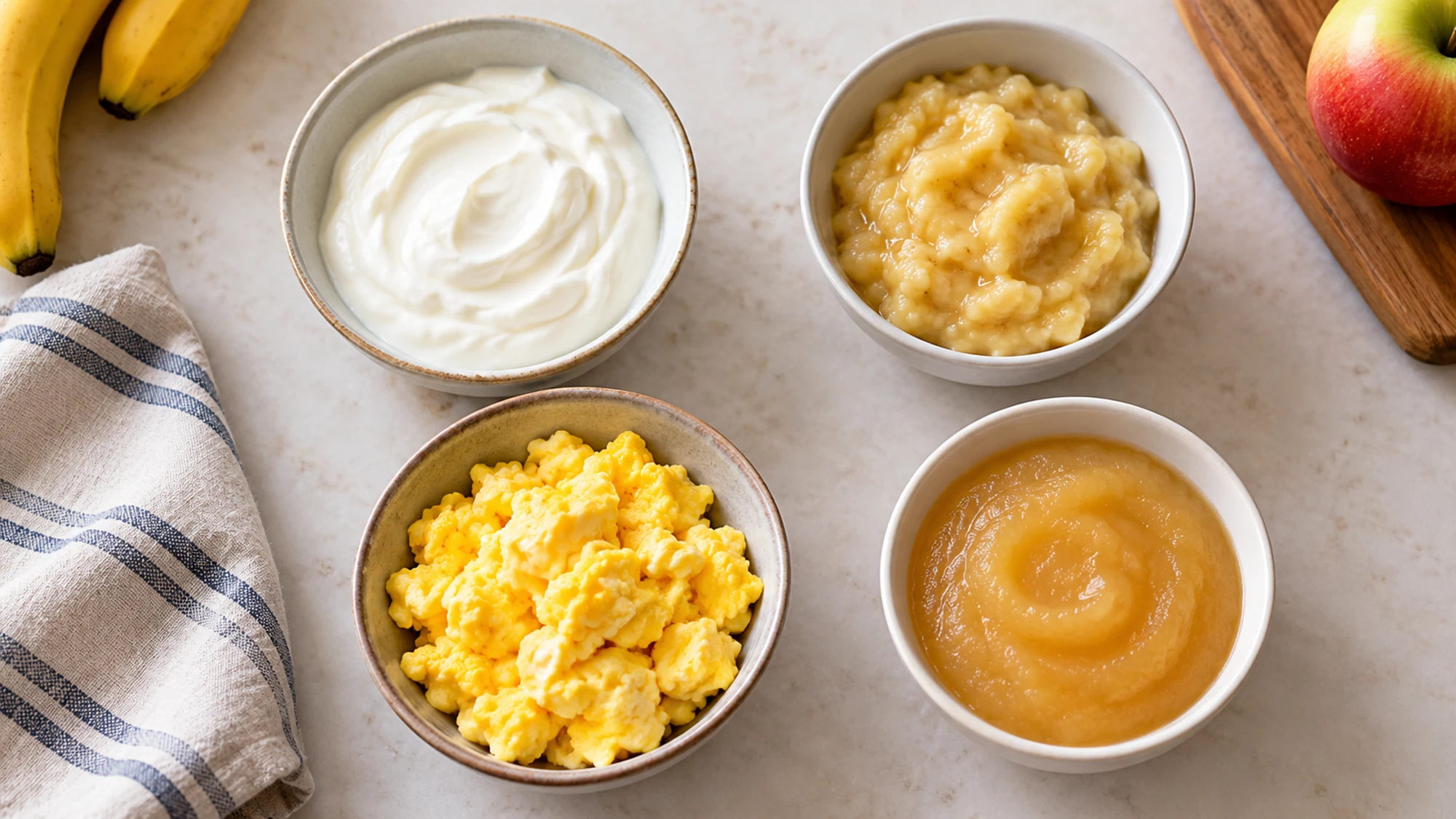 Yogurt, mashed banana, scrambled eggs and applesauce in separate bowls
