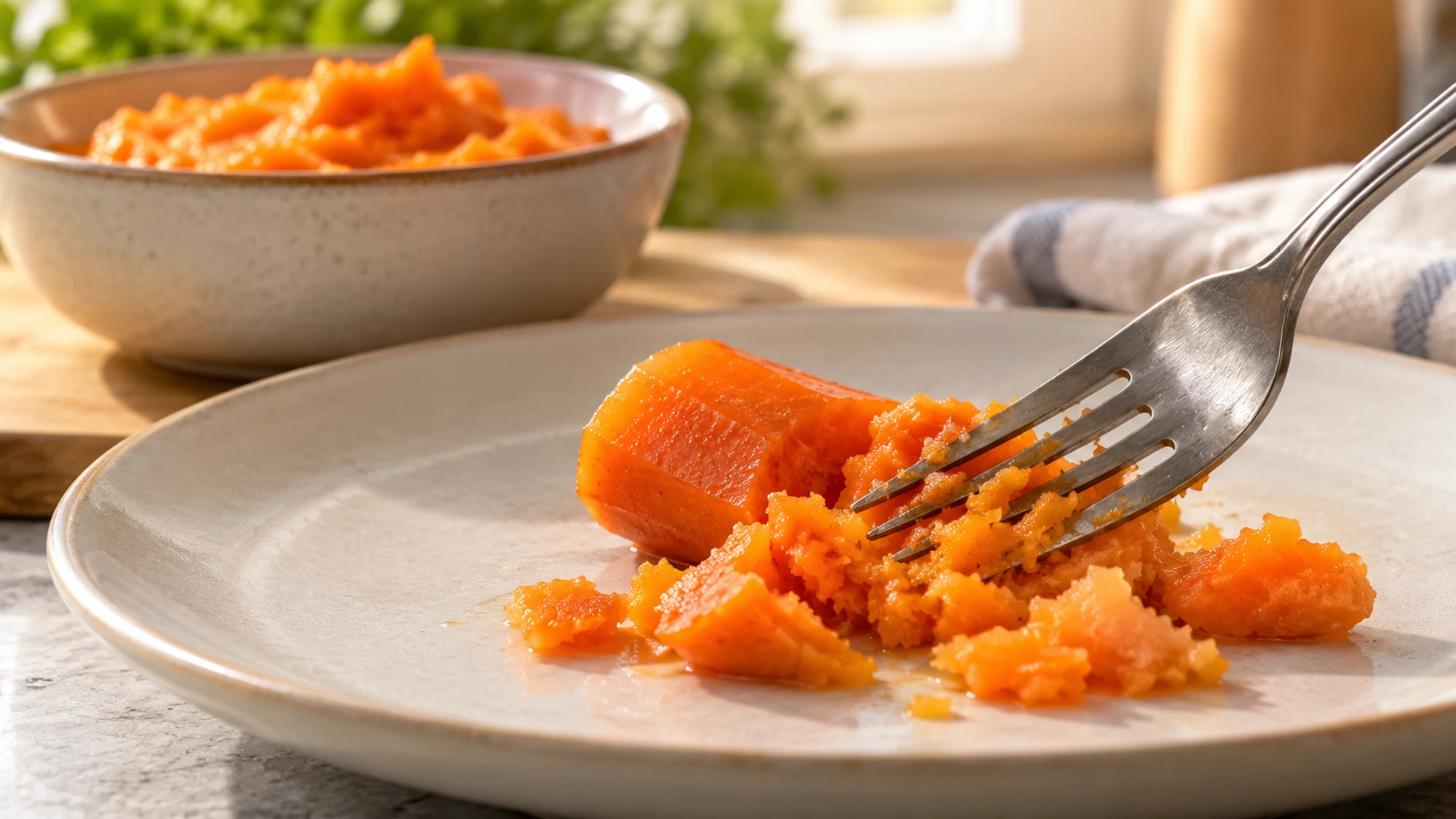 A fork breaking apart soft cooked carrot on a ceramic plate