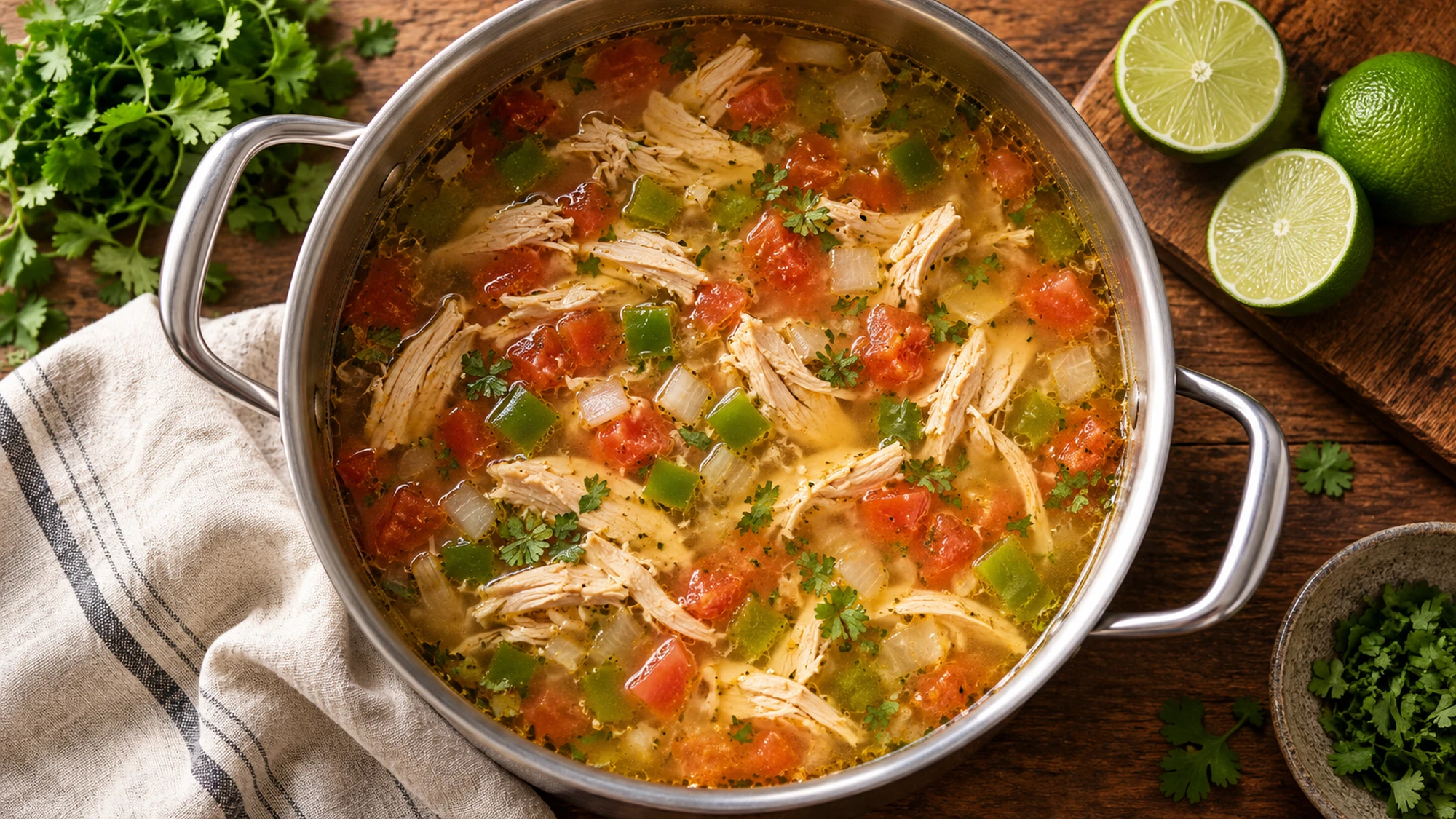 Sopa de lima in a pot with chicken, tomato and sweet pepper