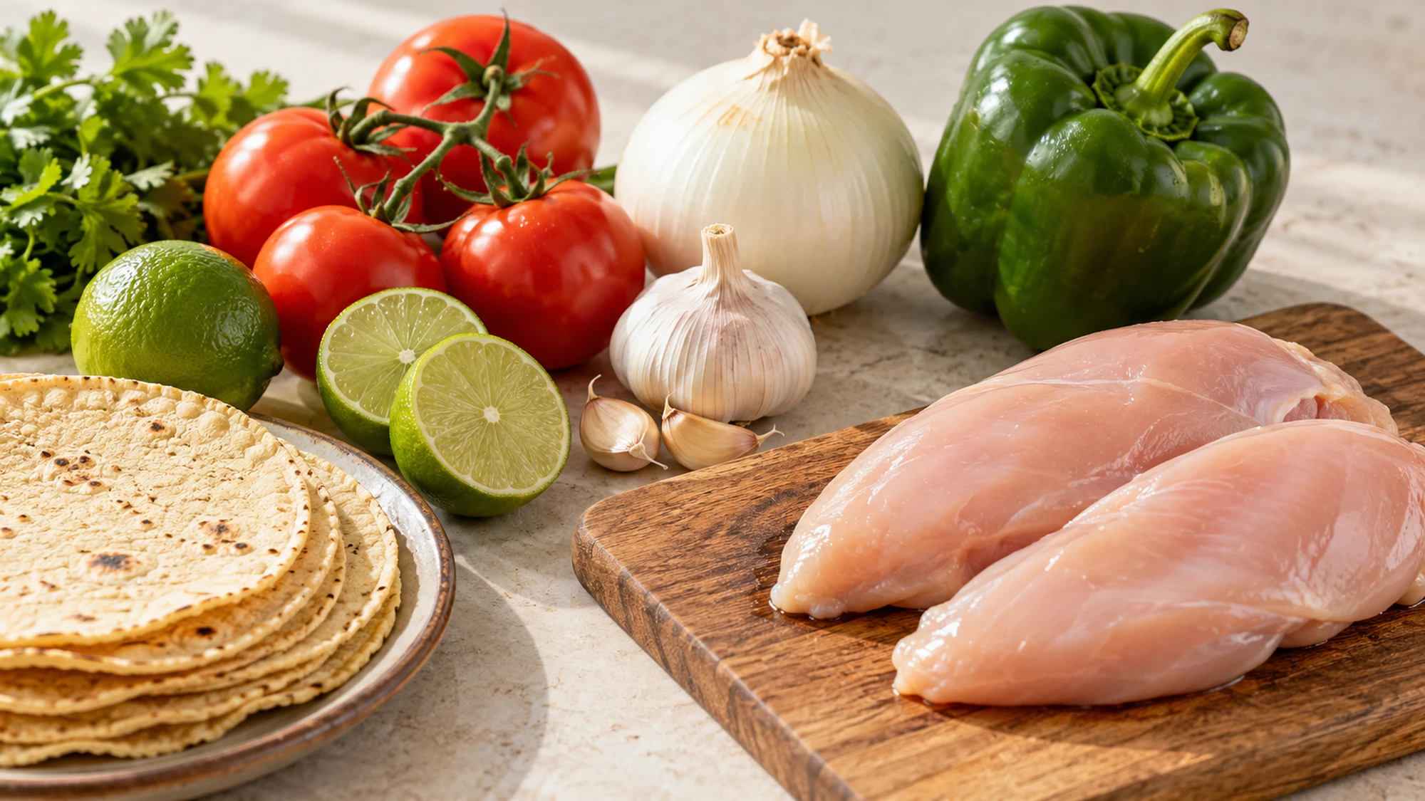 Chicken, tomatoes, onion, pepper, limes and tortillas for sopa de lima