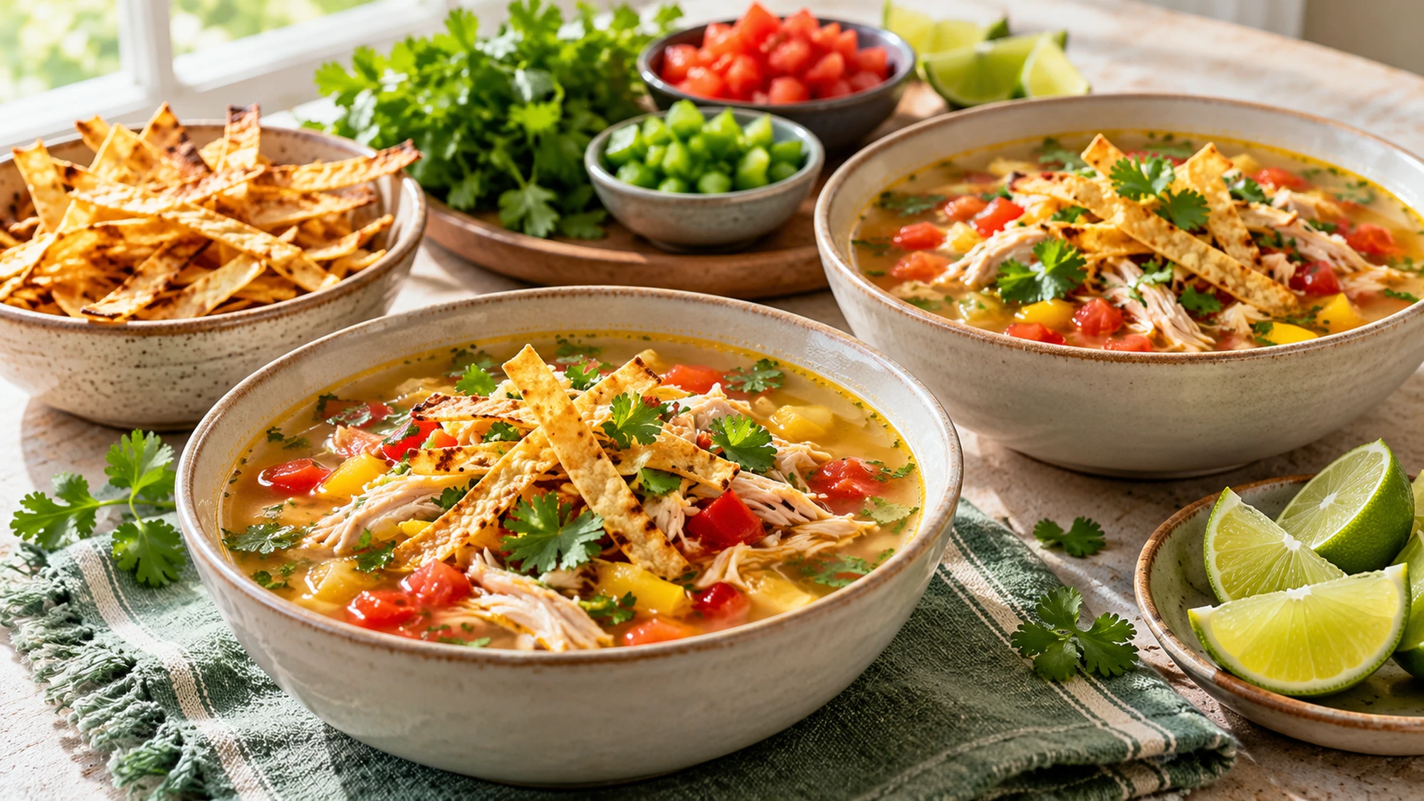 Two bowls of sopa de lima with tortilla strips and lime wedges