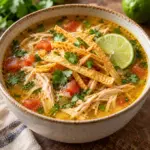 Sopa de lima in a ceramic bowl with a lime slice and tortilla strips