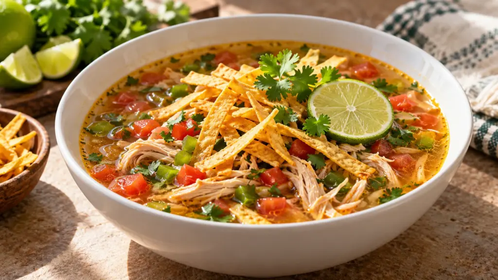 Sopa de lima with shredded chicken, tomato, lime and crisp tortilla strips