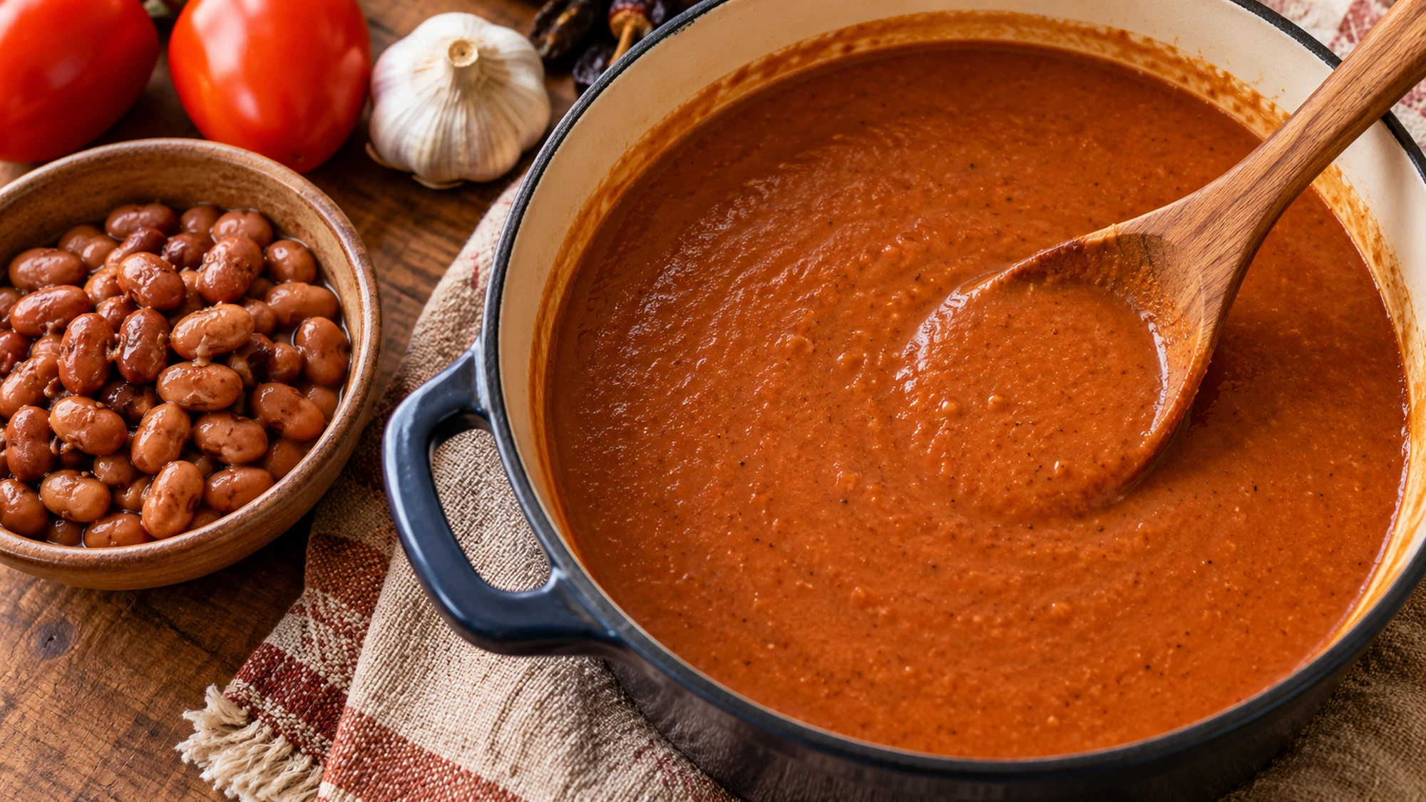 Sopa tarasca with a smooth pinto bean and tomato base in a pot