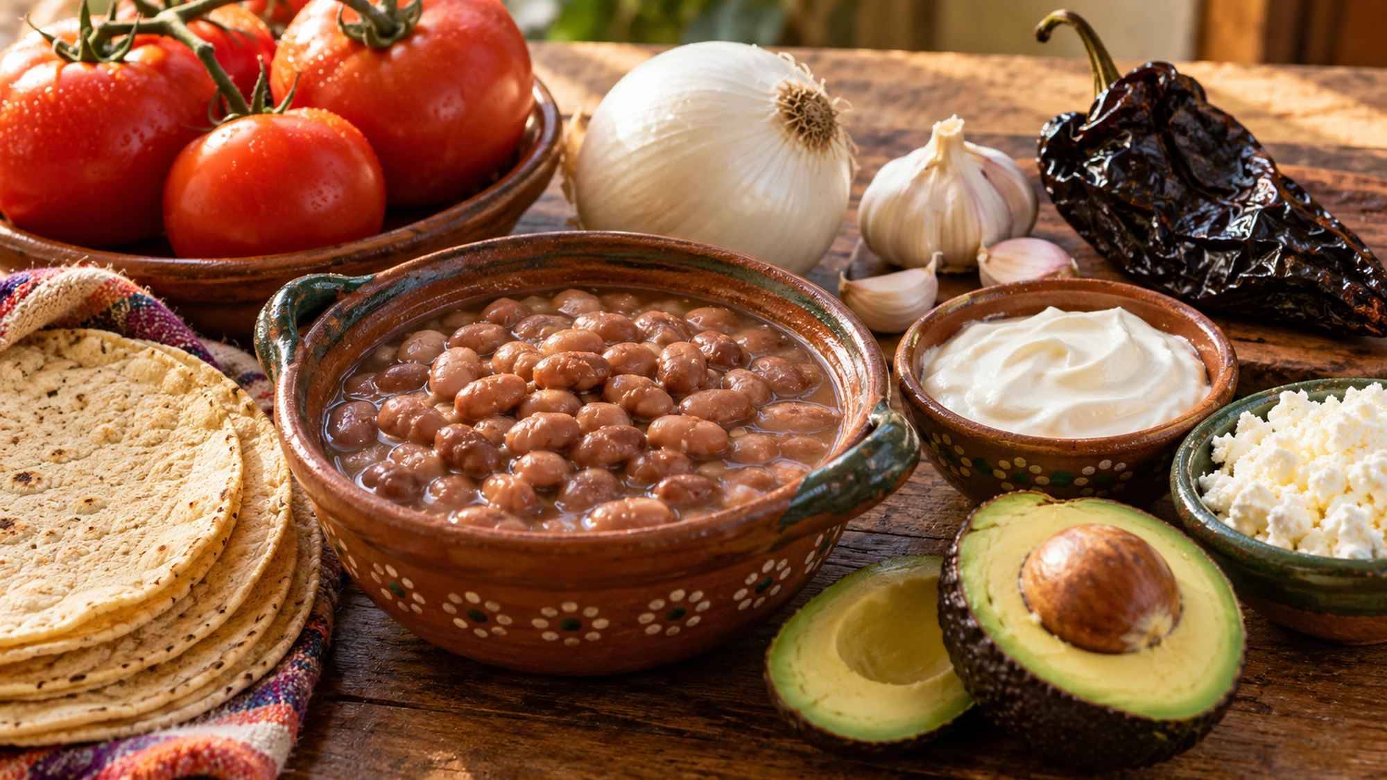 Pinto beans, tomatoes, ancho chile and toppings for sopa tarasca