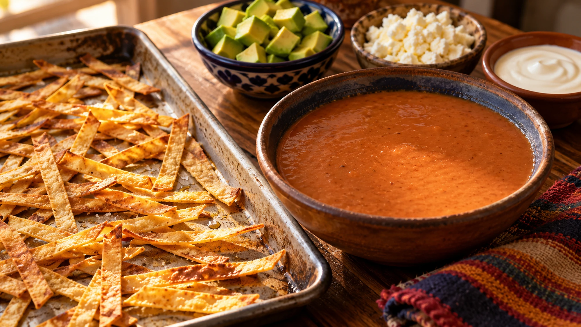 Baked tortilla strips beside sopa tarasca and separate toppings