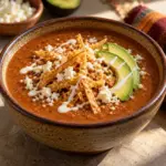 Sopa tarasca in a bowl with avocado, cheese, crema and crisp strips