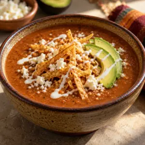 Sopa tarasca in a bowl with avocado, cheese, crema and crisp strips
