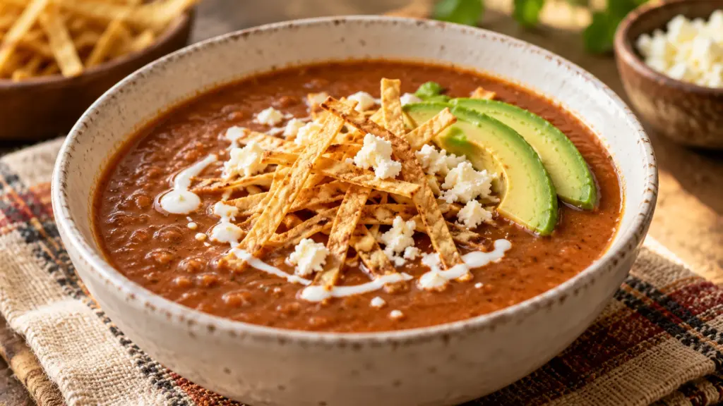 Sopa tarasca topped with tortilla strips, avocado, crema and queso fresco